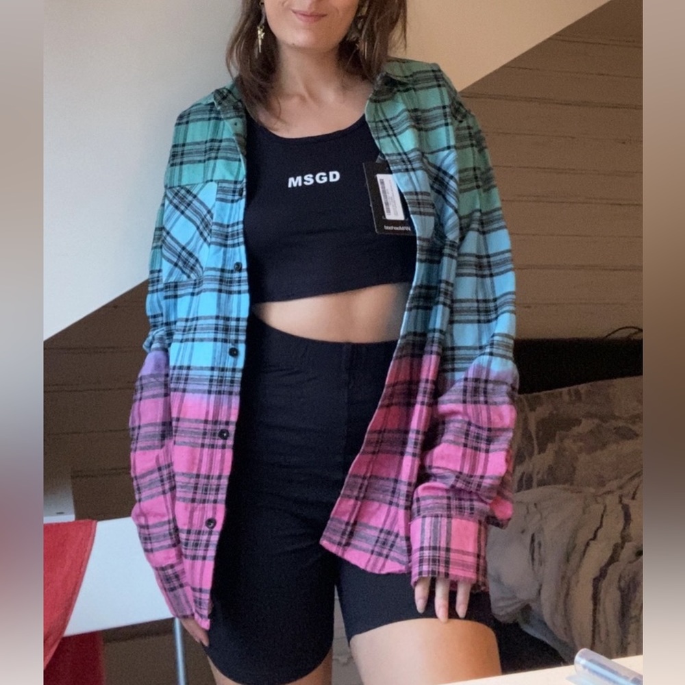 Ombre long sleeved check shirt. Green/Blue/Pink. - BoohooMAN Men’s Size S.